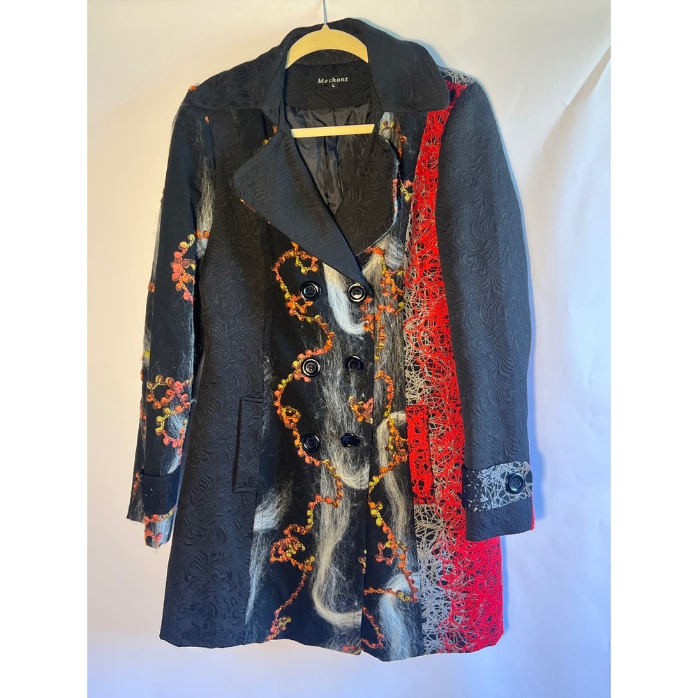 Vamp Art 2 Wear Embroidered Red Black Goth Eclectic Halloween Peacoat Small